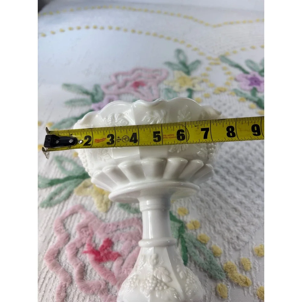 Westmoreland Milk Glass Paneled Grape Pedestal Bowl Scalloped Compote Candy Dish